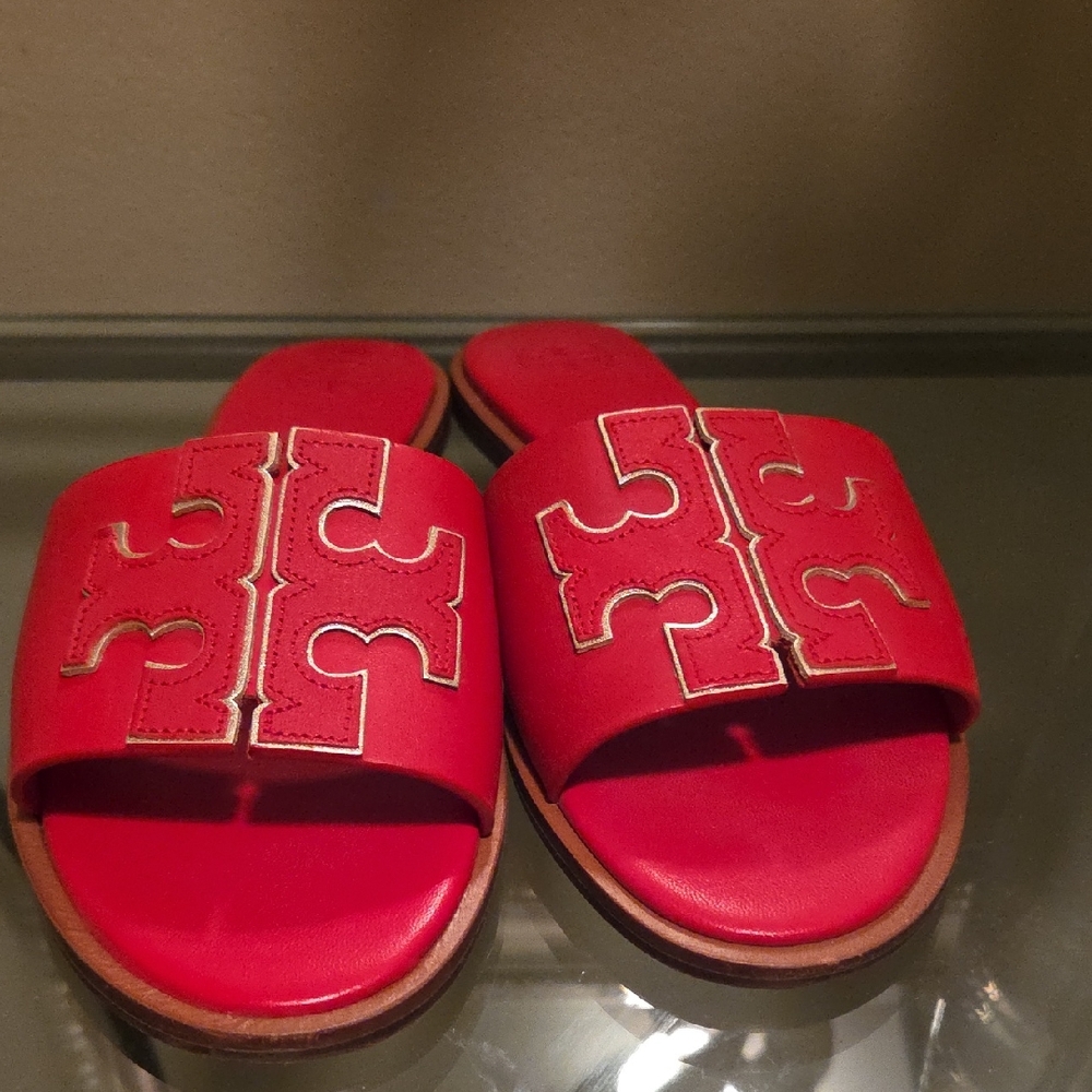 Tory Burch Brilliant Red /Spark Gold Slide Sandals with Logo